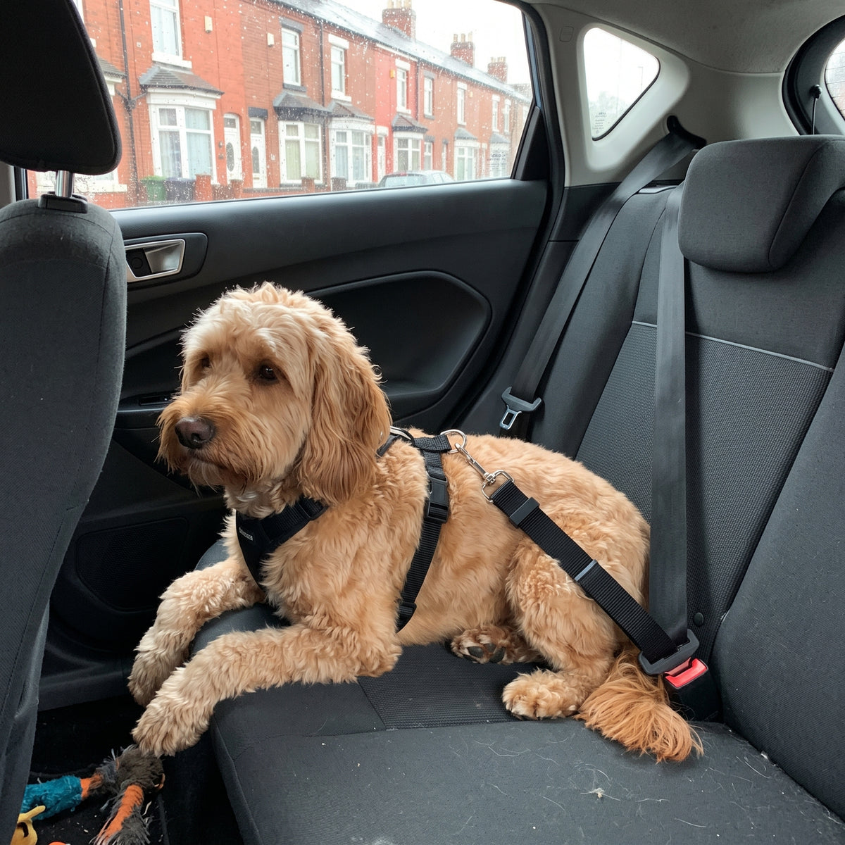 Hund mit Sicherheitsgurt auf der Rückbank