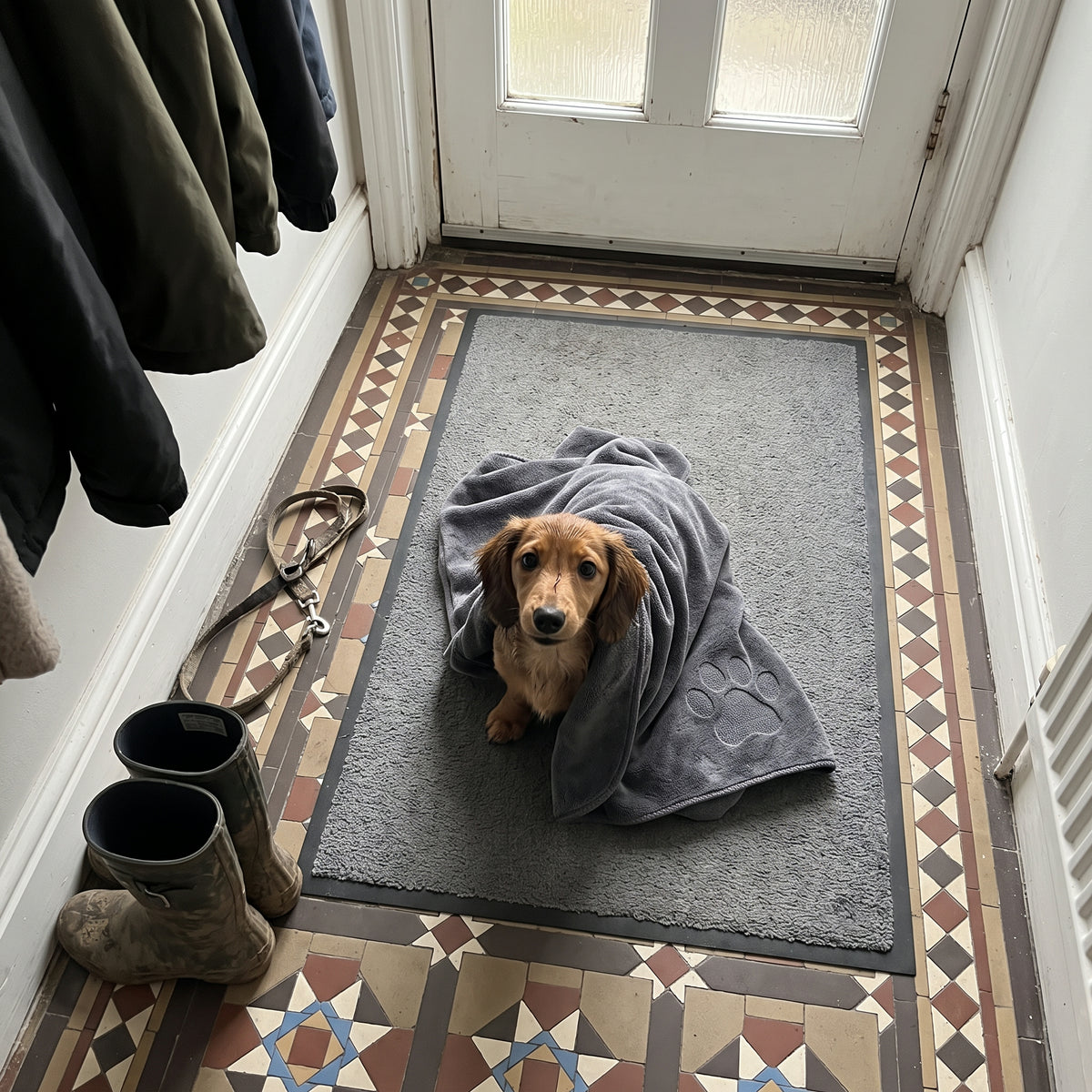 Hund im Flur mit Pfoten-Handtuch