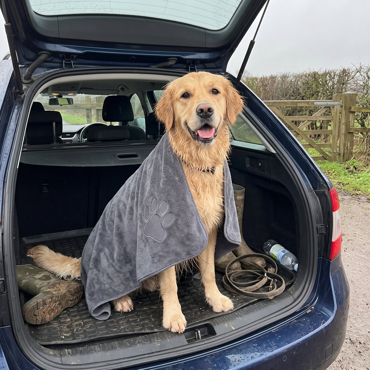 Retriever im Kofferraum mit Handtuch