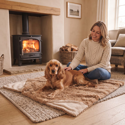 Cocker Spaniel auf der Schnauzenheld Kuscheldecke in Camel vor dem Kamin