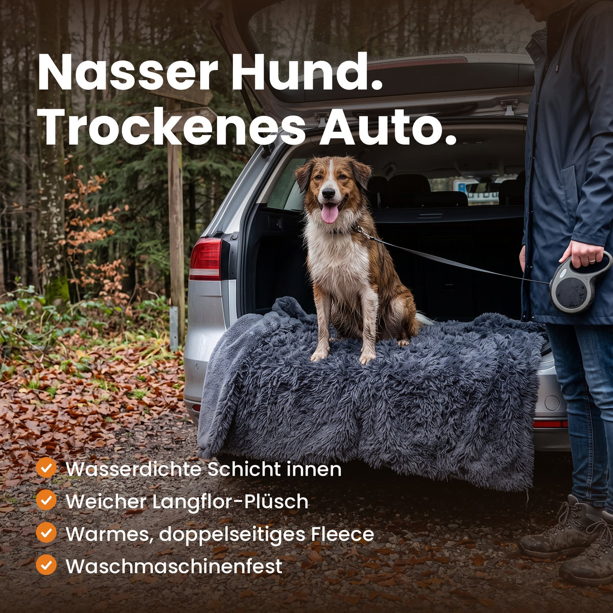 Nasser Hund, trockenes Auto: Hund auf der Kuscheldecke im Kofferraum – wasserdichte Schicht, Langflor-Plüsch, waschmaschinenfest