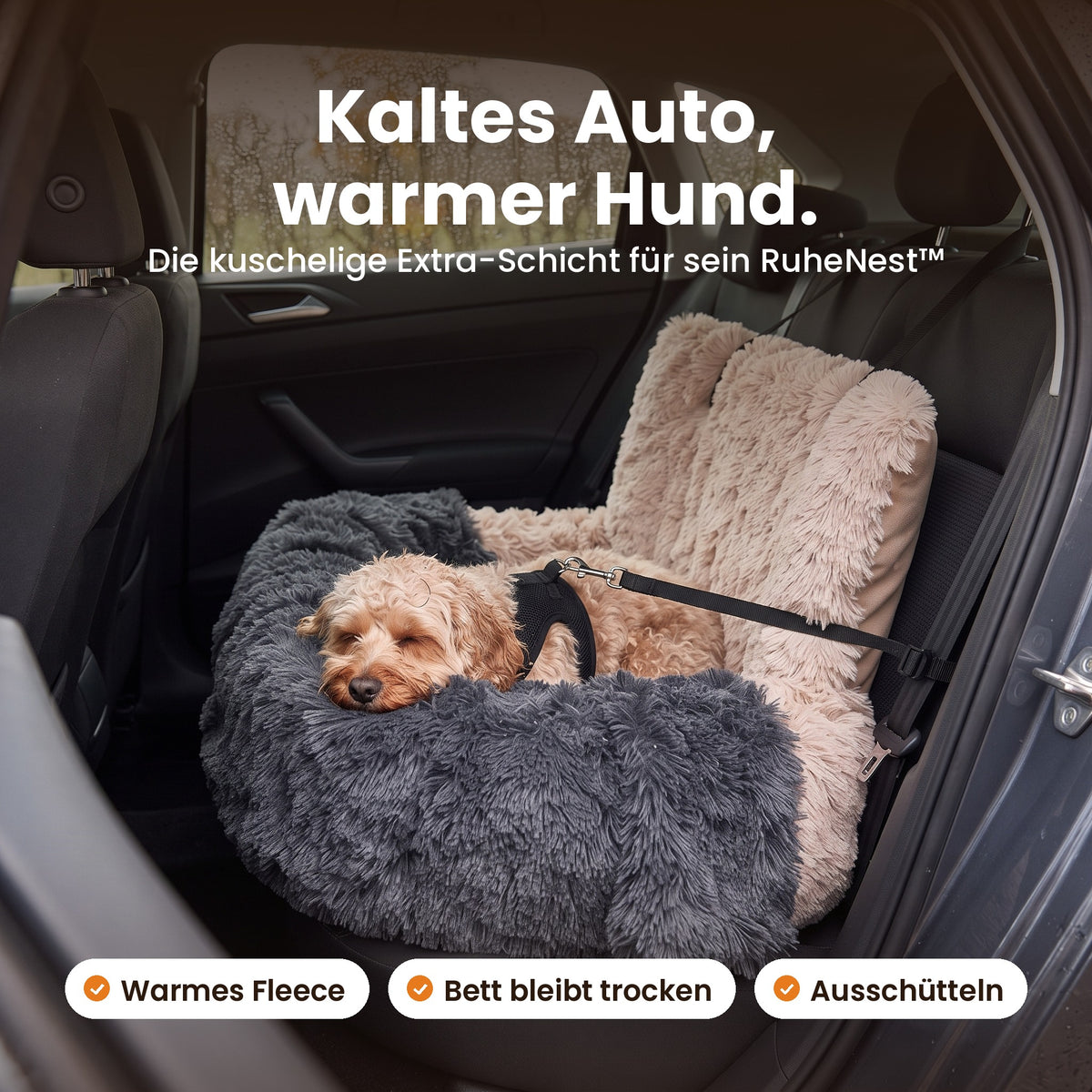 Kaltes Auto, warmer Hund: Hund schläft auf der Kuscheldecke im RuheNest Autobett
