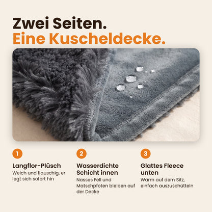 Zwei Seiten, eine Kuscheldecke: Langflor-Plüsch oben, wasserdichte Schicht innen, glattes Fleece unten