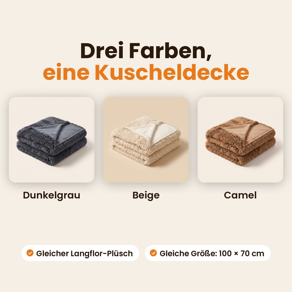 Drei Farben: Dunkelgrau, Beige und Camel