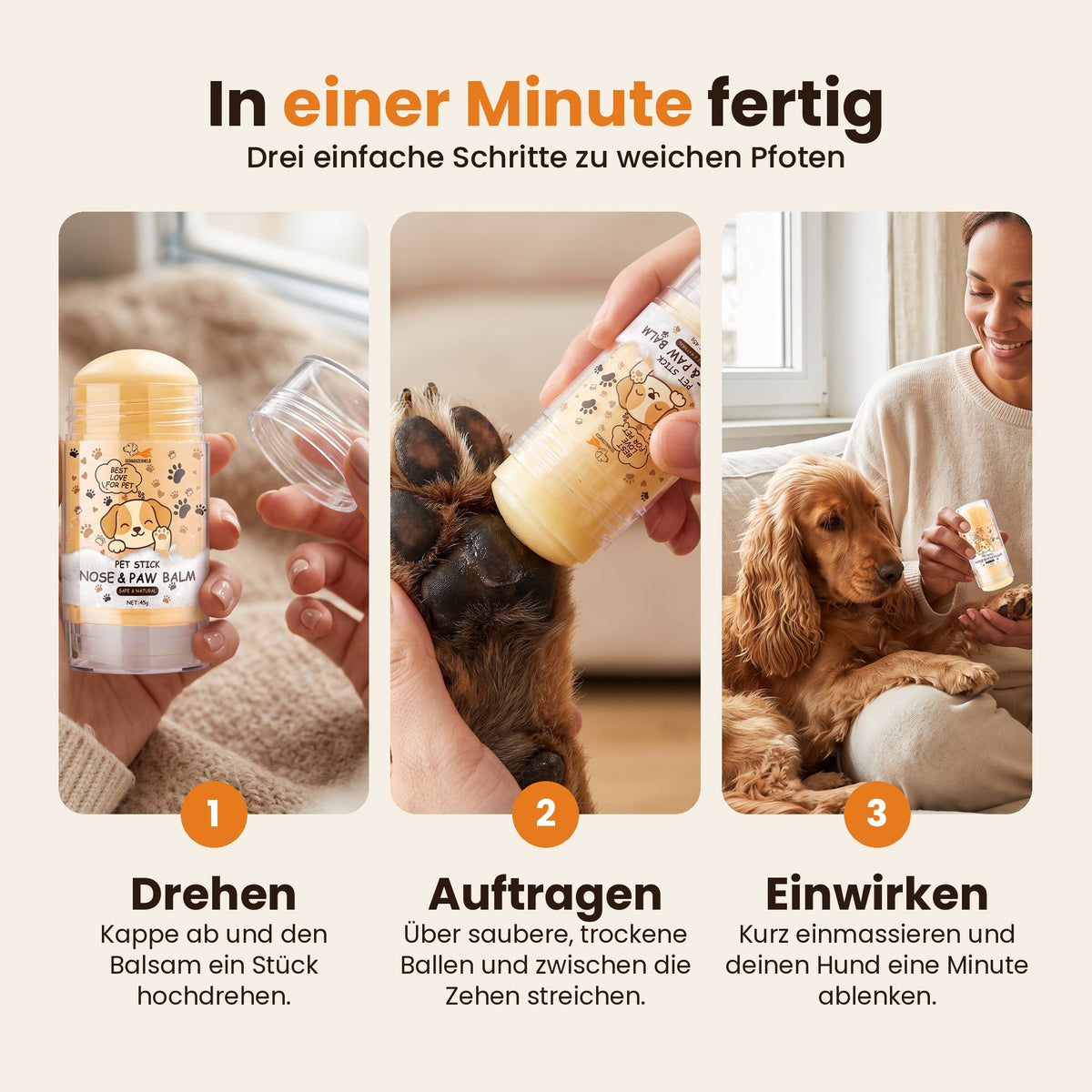 Anwendung des Pfotenbalsam-Sticks in drei Schritten