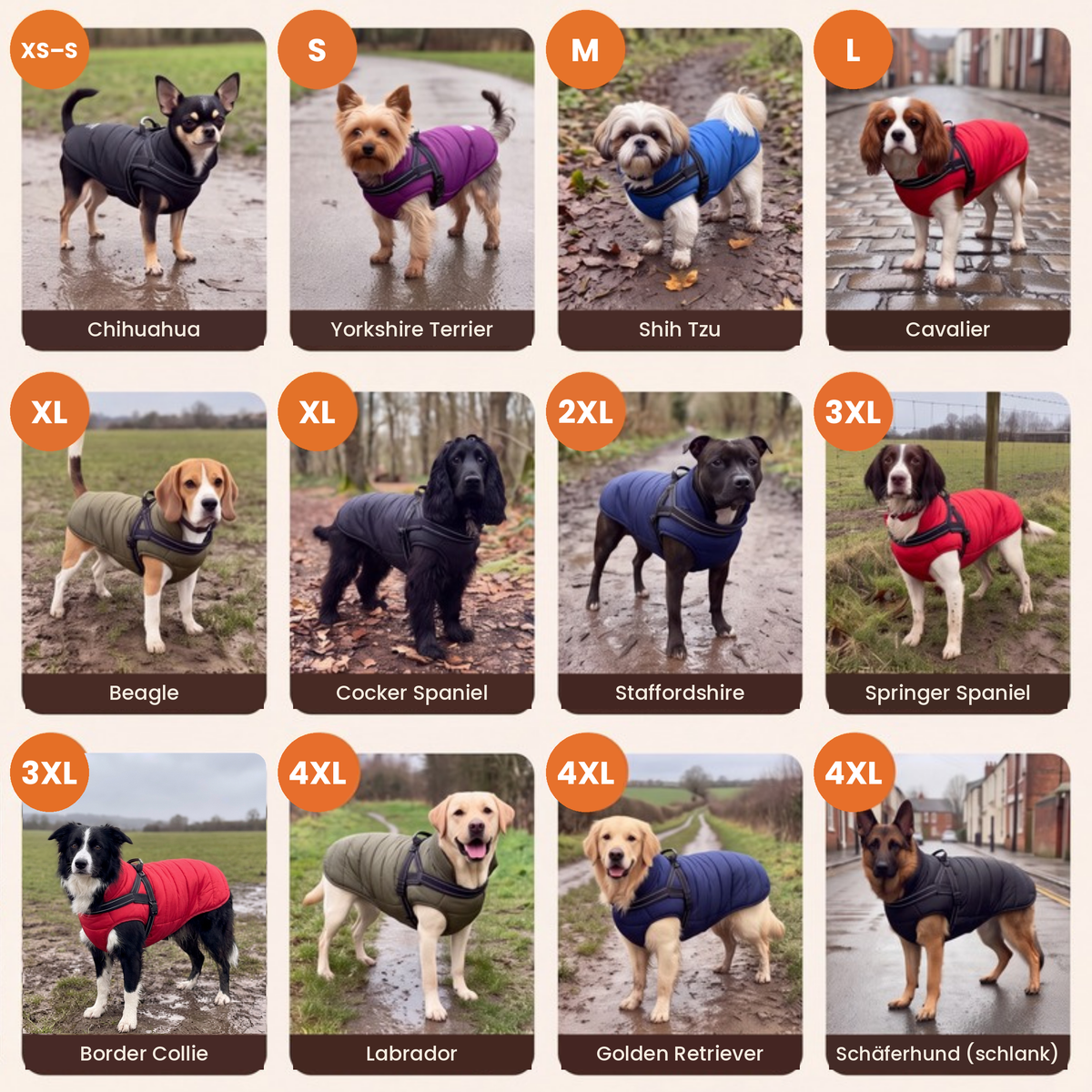 Beispielhunde und Größen von XS (Chihuahua) bis 4XL (Labrador, Golden Retriever)