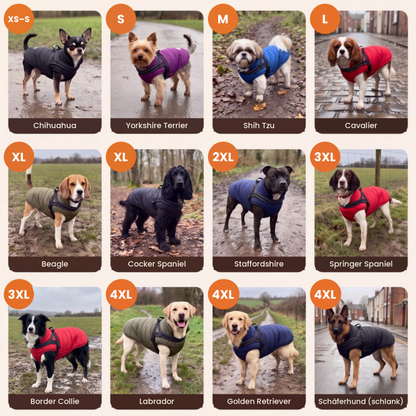 Beispielhunde und Größen von XS (Chihuahua) bis 4XL (Labrador, Golden Retriever)