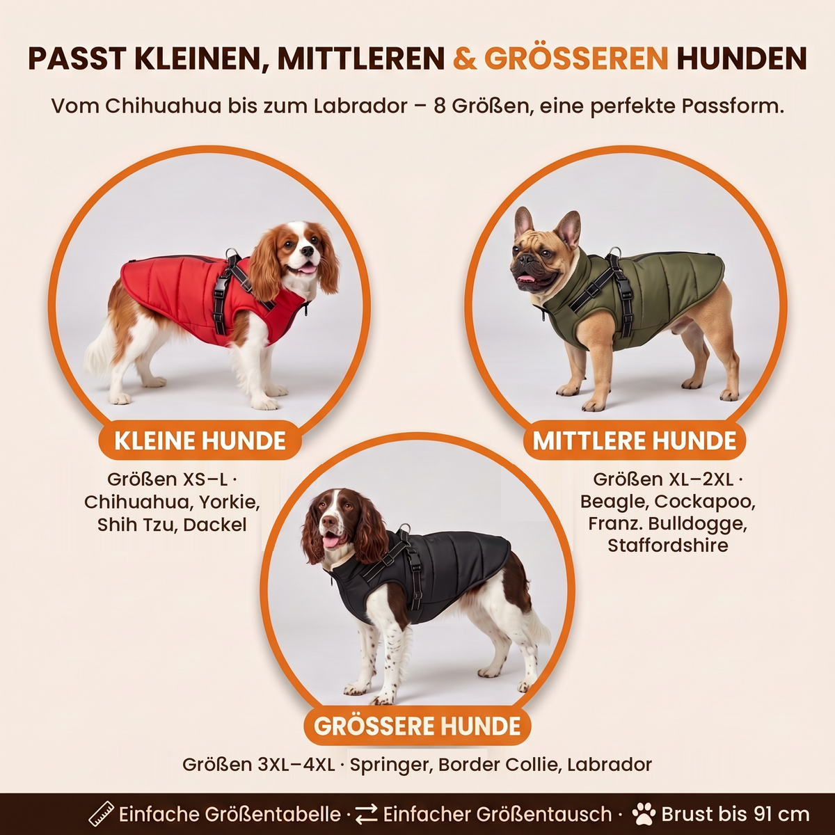Hundemantel mit Geschirr – passt kleinen bis großen Hunden, XS bis 4XL, Brust bis 91 cm