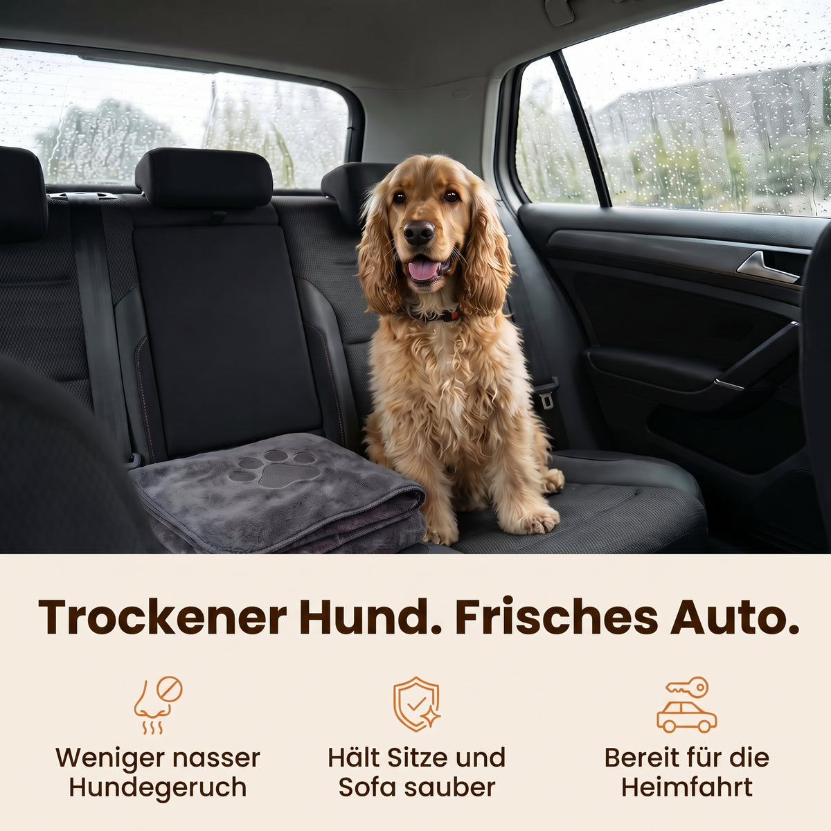 Trockener Hund, frisches Auto