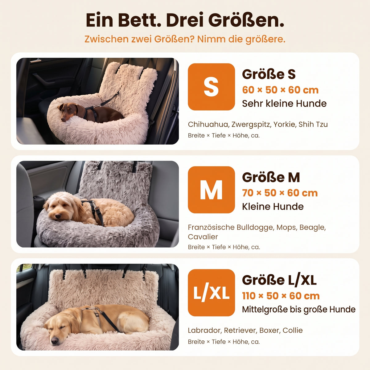 Ein Bett, drei Größen: S, M und L/XL