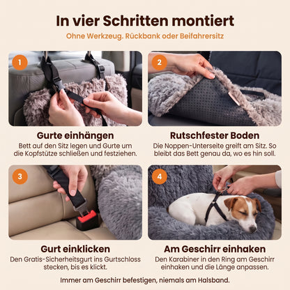 In vier Schritten montiert: Gurte einhängen, rutschfester Boden, Gurt einklicken, am Geschirr einhaken