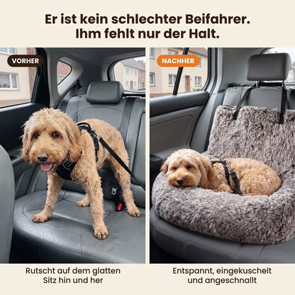 Vorher/Nachher: rutscht auf dem glatten Sitz – entspannt und angeschnallt im RuheNest
