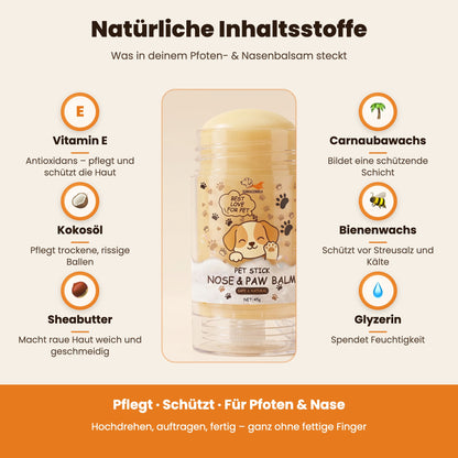 Natürliche Inhaltsstoffe des Pfoten- & Nasenbalsam-Sticks: Vitamin E, Kokosöl, Sheabutter, Carnaubawachs, Bienenwachs, Glyzerin