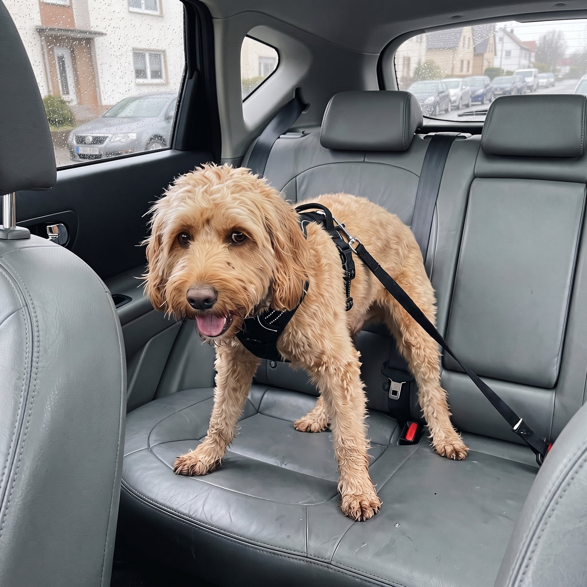 Hund steht unruhig auf dem glatten Autositz