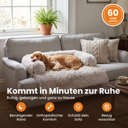 Hund schläft eingerollt auf dem Schnauzenheld Luxus-Sofabett in Beige meliert – kommt in Minuten zur Ruhe, 60 Tage Garantie