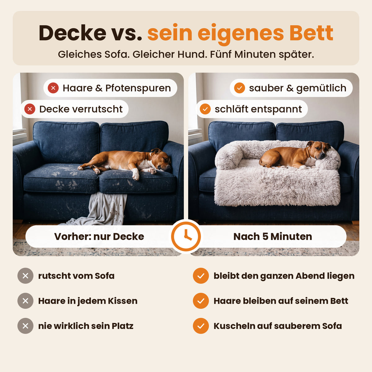 Vorher/Nachher: verrutschte Decke und Hundehaare auf dem Sofa – entspannter Hund auf dem Schnauzenheld Luxus-Sofabett