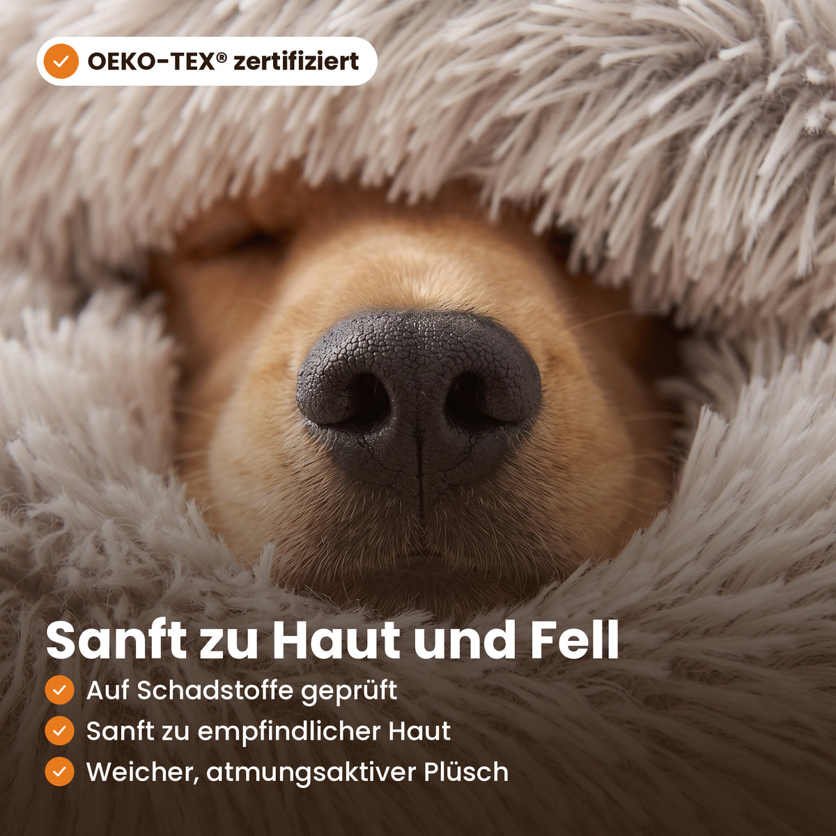 Nahaufnahme des OEKO-TEX® zertifizierten Plüschs: auf Schadstoffe geprüft, sanft zu empfindlicher Haut