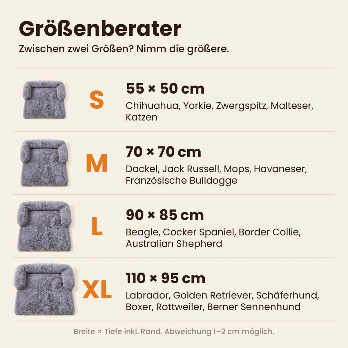 Größenberater Schnauzenheld Luxus-Sofabett: S 55 × 50 cm, M 70 × 70 cm, L 90 × 85 cm, XL 110 × 95 cm