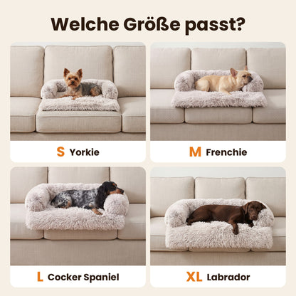 Größenbeispiele: Yorkie auf S, Französische Bulldogge auf M, Cocker Spaniel auf L, Labrador auf XL