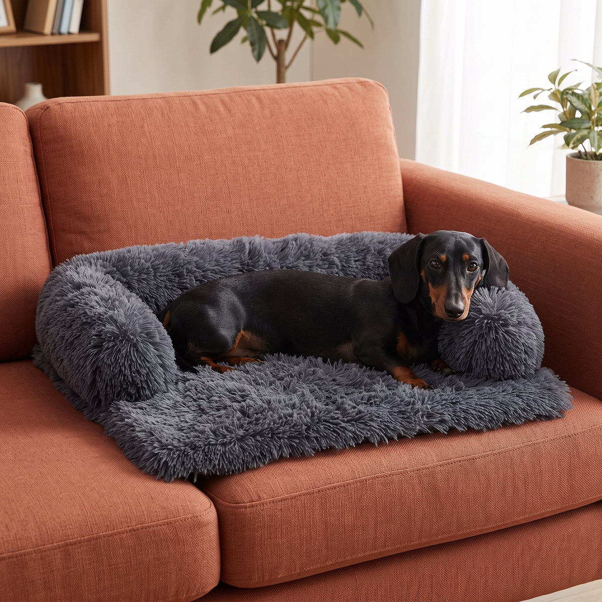 Schnauzenheld Luxus-Sofabett in Dunkelgrau mit Dackel auf einem terrakottafarbenen Sofa