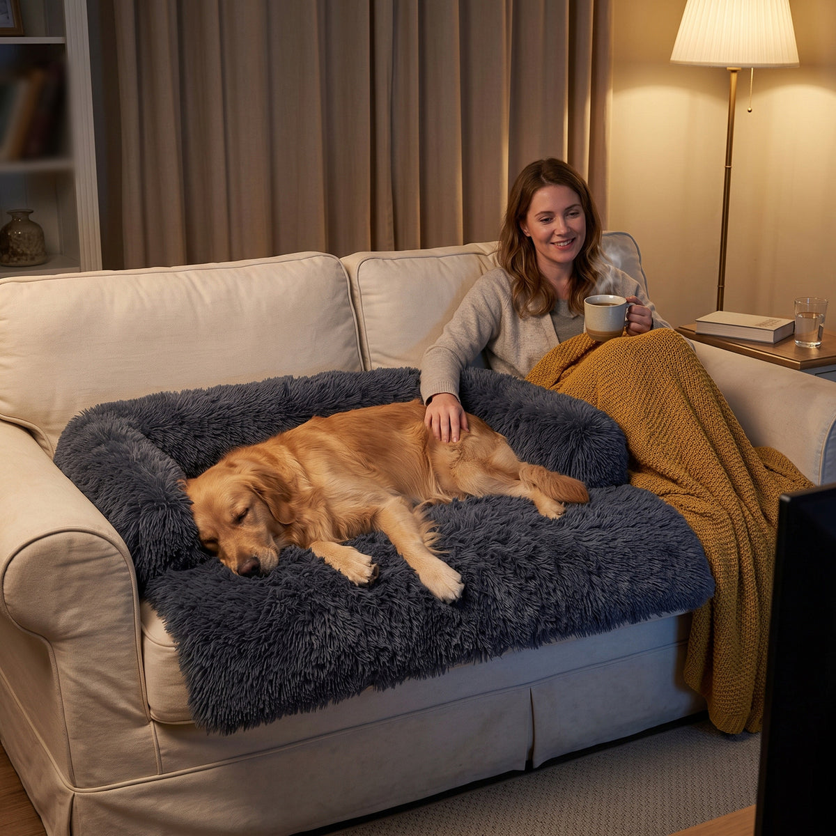 Abend auf dem Sofa: Golden Retriever schläft auf seinem Schnauzenheld Sofabett