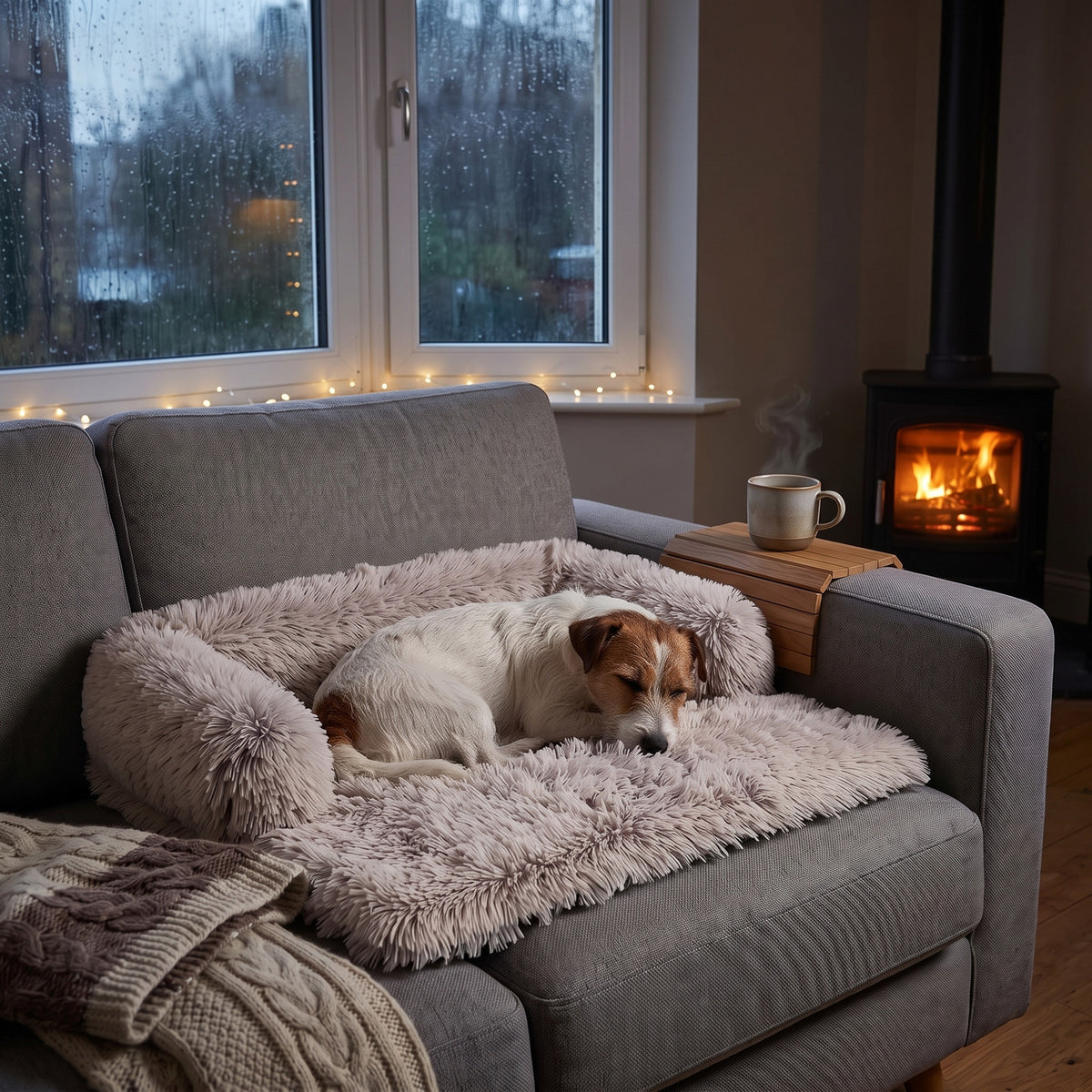 Jack Russell liegt warm auf dem Sofabett an einem verregneten Winterabend