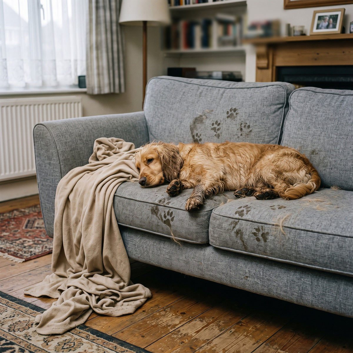 Hund liegt quer auf dem Sofa, die Decke ist verrutscht